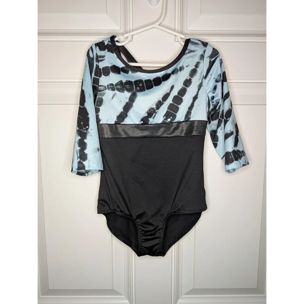 Justice Girls Leotard Size S (7/8) Radial Dye Blue Black Elbow Length Sleeve